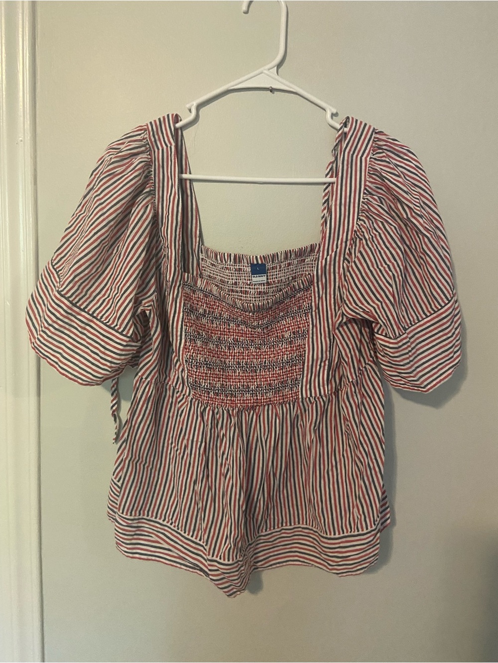 Old Navy Red & White Striped Smocked Square-Neck Top